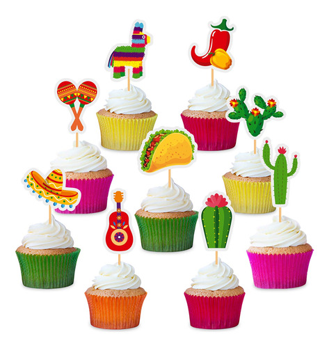 45 Piezas De Decoracion Mexicana Para Cupcakes, Cactus Mexic