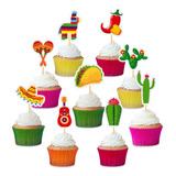 45 Piezas De Decoracion Mexicana Para Cupcakes, Cactus Mexic