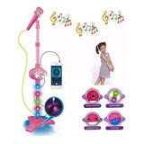 Microfone Infantil Pedestal Som E Luz Conecta Celular Rosa