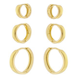 Conjunto 3 Pares De Argola Banho De Ouro 18 3 Furos Presente Cor Dourado