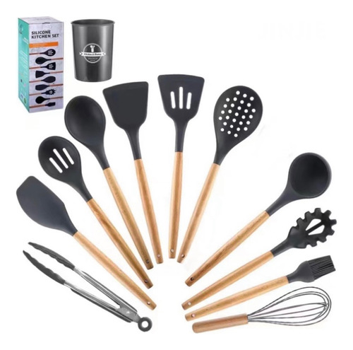 Set X12 Kit Utensilios De Cocina Mango Madera Punta Silicona