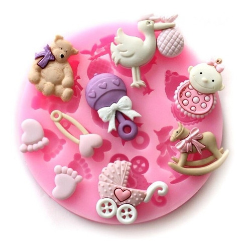 Molde De Silicona Fondant Baby Shower Cigüeña Bebe Oso Pie