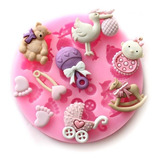 Molde De Silicona Fondant Baby Shower Cigüeña Bebe Oso Pie