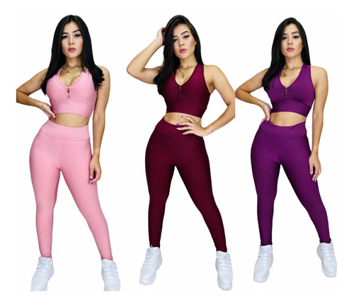 Kit 3 Conjuntos Femininos Baratos Calça E Top C/bojo Fitness