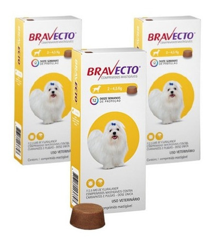 Antipulgas E Carrapatos Cães Bravecto De 2 A 4,5 Kg Kit C/ 3