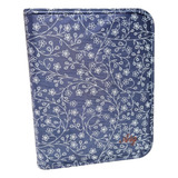 Fichário A4 Feminino Universitário Zíper Bolso Azul Flores 