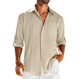 Camisa De Lino De Manga Larga Guayabera For Hombre Con Bo