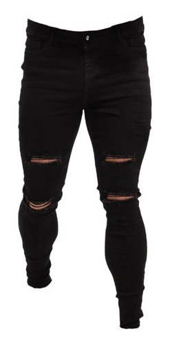 Jean Chupin Negro Roturas Hombre Elastizado Pantalon