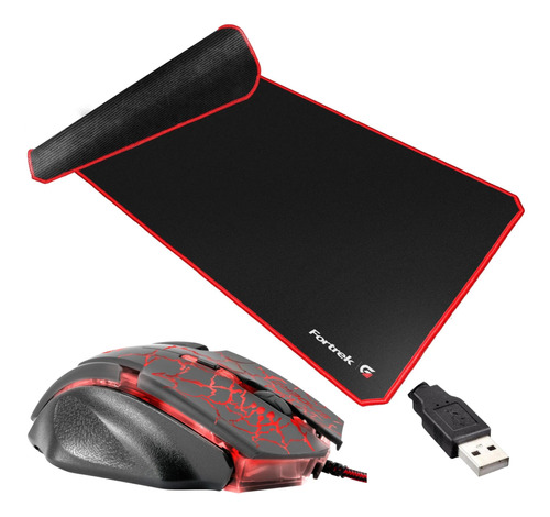 Kit Gamer Mouse Com 3200dpi Gamer + Mousepad Vermelho Grande