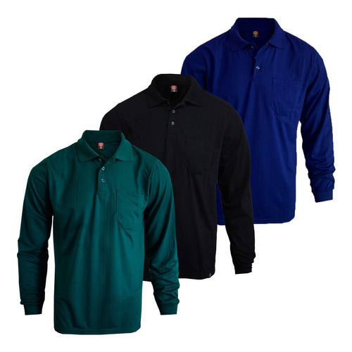 Camisa Polo Manga Longa Com Bolso Poliviscose Kit 3 Peças
