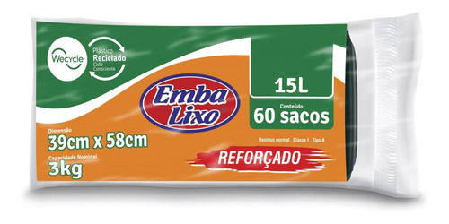 Saco De Lixo 15 L Preto Reforçado Rolo 60 Un Lixeira Cozinha