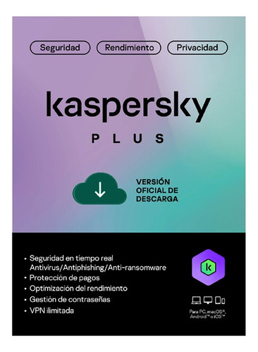 Antivirus Kaspersky Plus 5 Dispositivo 1 Año + Vpn Ilimitada