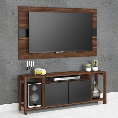 Rack Home Com Painel Para Tv 55 136cm Sala Preto Nogal