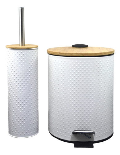 Set Baño Cesto Bambu X2 Tacho 5l + Escobilla Cepillo Inodoro