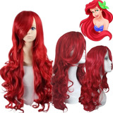 Peruca Cosplay Ariel Ondulada Vermelha + Touca Wig De Brinde