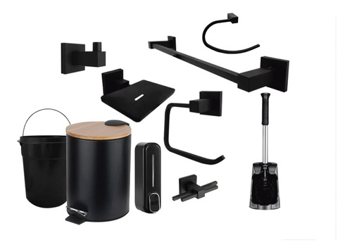 Kit Combo Set De Baño Sanitario Negro 9 Piezas Premium !