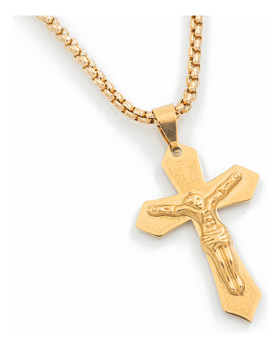 Collar Cadena Cruz Y Cristo Acero Dorado 55cm Unisex Joyas