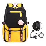 Mochila Anti-roubo Kawaii Para Jovens Coreanos Com Porta Usb Cor Preto/amarelo