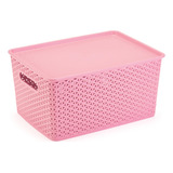 Organizador Rattan Grande Cesto Rosa Com Tampa Multiuso 36cm