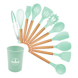 Set Utensilios Cocina Silicon 12 En 1 Bambú Temperatura Color Verde