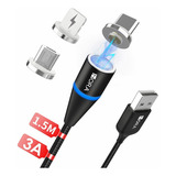 Cable Magnético Iman 3en1 Carga Rápida Usb V8 Ip Tipo C 1.5m