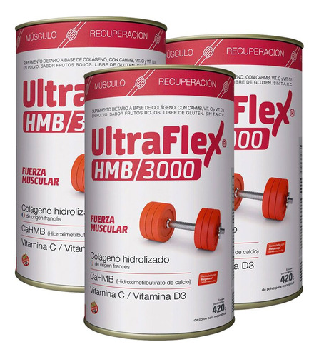 Pack 3 Ultraflex Hmb 3000 Colágeno Hidrolizado En Polvo