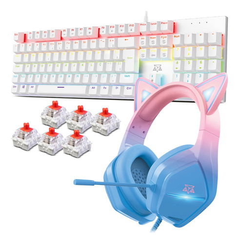 Kit Teclado Mecanico Gamer Rgb Raibow Headset Com Microfone