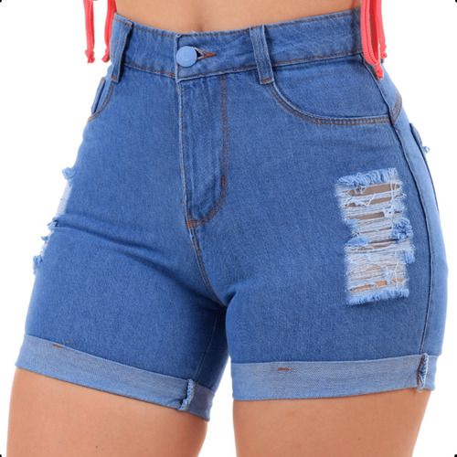 Short Jeans Preto Feminino Cintura Alta Com Lycra E Barra