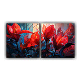 120x60cm Diptico Tela Canvas Salon A Heliconia Leaves In Red