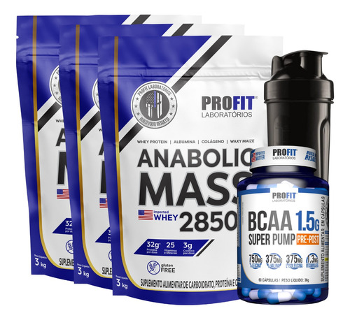 Combo 3 Anabolic Mass 28500 3kg + Bcaa 60 Caps + Brinde