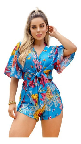 Kimono Saída De Praia Camisa + Short Conjunto Luxo Envio Já 