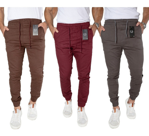 Kit 3 Calça Masculina Jeans Sarja Jogger Com Punho Elastico