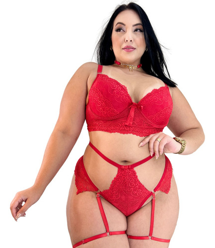 Lingerie Plus Size Sexy Cinta Liga Calcinha Renda Sensual