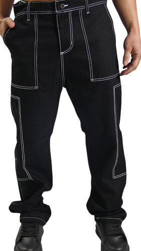 Pantalon Mom Carpintero Negro Con Costuras Blancas