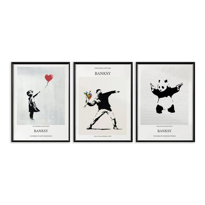 3 Cuadros Banksy Arte Pared Urbano Marcos De Madera Banksy Museum Exhibition Poster Negro | Meses sin interés