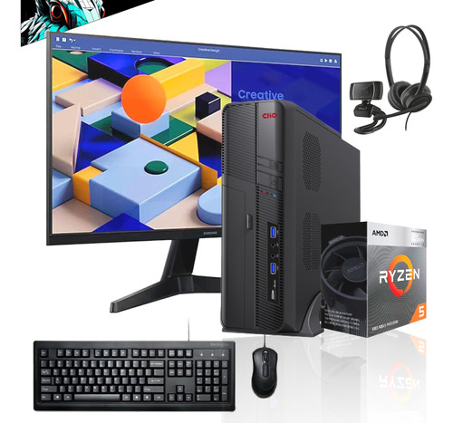 Pc Oficina Slim + Monitor 24 + Perif Ryzen 5 5600g 16gb 500g