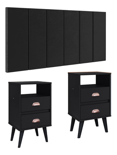 Cabeceira Estofada 1,4 Modular Kit Mesa Pequena Pés Retrô Cor Preto Suede | Preto