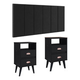 Cabeceira Estofada 1,4 Modular Kit Mesa Pequena Pés Retrô Cor Preto Suede | Preto