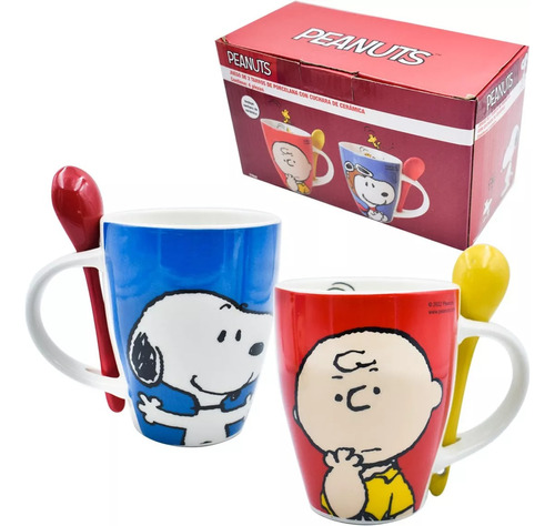 2 Tazas Para Cafe Snoopy Peanuts Ceramica Con Cuchara 310 Ml
