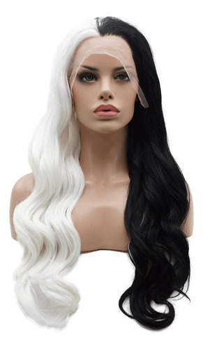 Peluca Lace Front Negro Blanco Cruella Cosplay  Teatro Drag