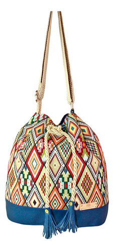 Bolso Manos Libres Bucket Dama Mujer Karla Chacon Aria Color Azul Diseño De La Tela Rayado