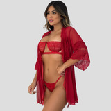 Kit Robe De Tule + Conjunto Lingerie Gringa Meia Taça Sexy