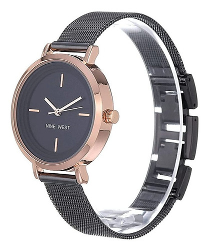 Nine West Reloj De Pulsera De Malla Para Mujer 34mm, Nw/2147 Color De La Correa Negro Color Del Bisel Oro Rosado (golden Rose) Color Del Fondo Negro