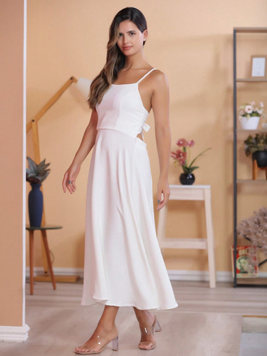 Vestido Feminino Midi Alfaiataria De Alças E Saia Rodada