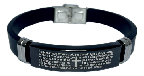 Pulseira Masculina Pai Nosso Preta Ajustável Aço Silicone