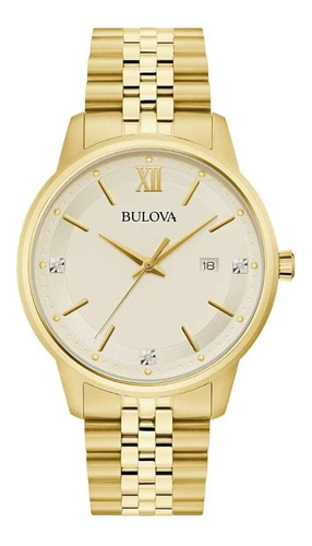 Reloj Bulova Quartz Hombre 97d125 Dorado Diamantes Original