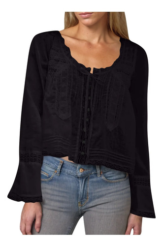 Blusa Mujer Manga Larga Cuello En V Encaje Con Botones Ca 60