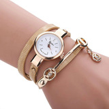 Relogio Feminino Dourado Pulseira De Couro Bracelete Strass