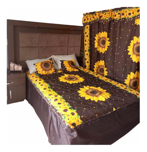 Colcha King Size Girasoles Incluye 2 Cojines Y Cortinas