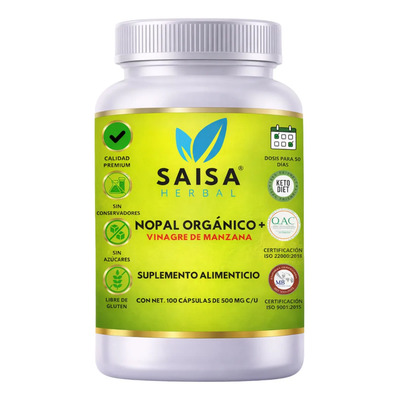 Nopal Orgánico + Vinagre De Manzana | 100 Cápsulas 500 Mg | Saisa Herbal | Control De Peso y Colesterol | Digestión Saludable | 100% Natural | Meses sin interés